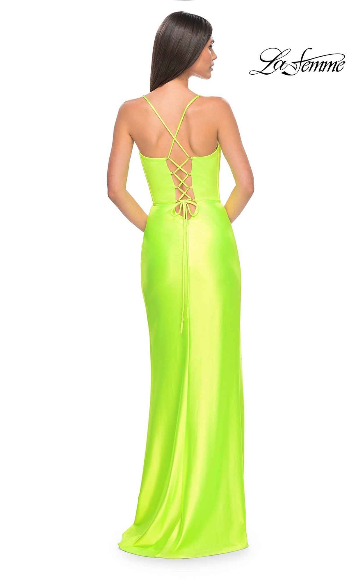 A woman faces away in the La Femme Bright Neon Long Prom Dress 32262, featuring a corset-style bodice and crisscross lace-up back. The La Femme logo is displayed in the top right corner.